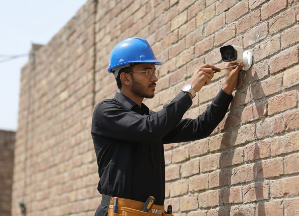technician installing CCTV camera on wall