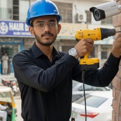 technician installing IP camera in office for surveillance